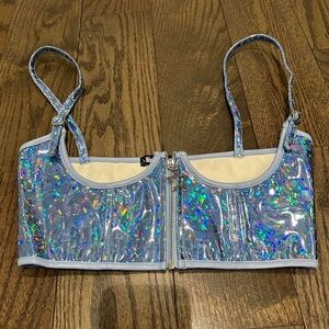 Holographic Blue Underbust Star Zipper Front Corset Top
